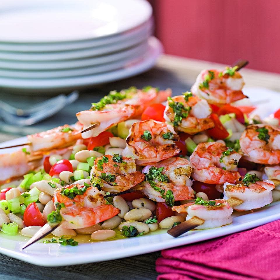 Grilled Shrimp Skewers over White Bean Salad