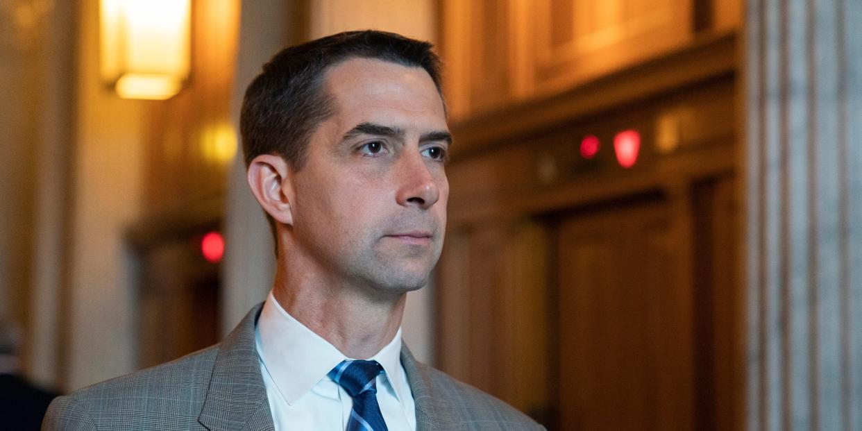 Sen. Tom Cotton, R-Ark., walks to a policy luncheon on Capitol Hill, Thursday, Oct. 7, 2021, in Washington.