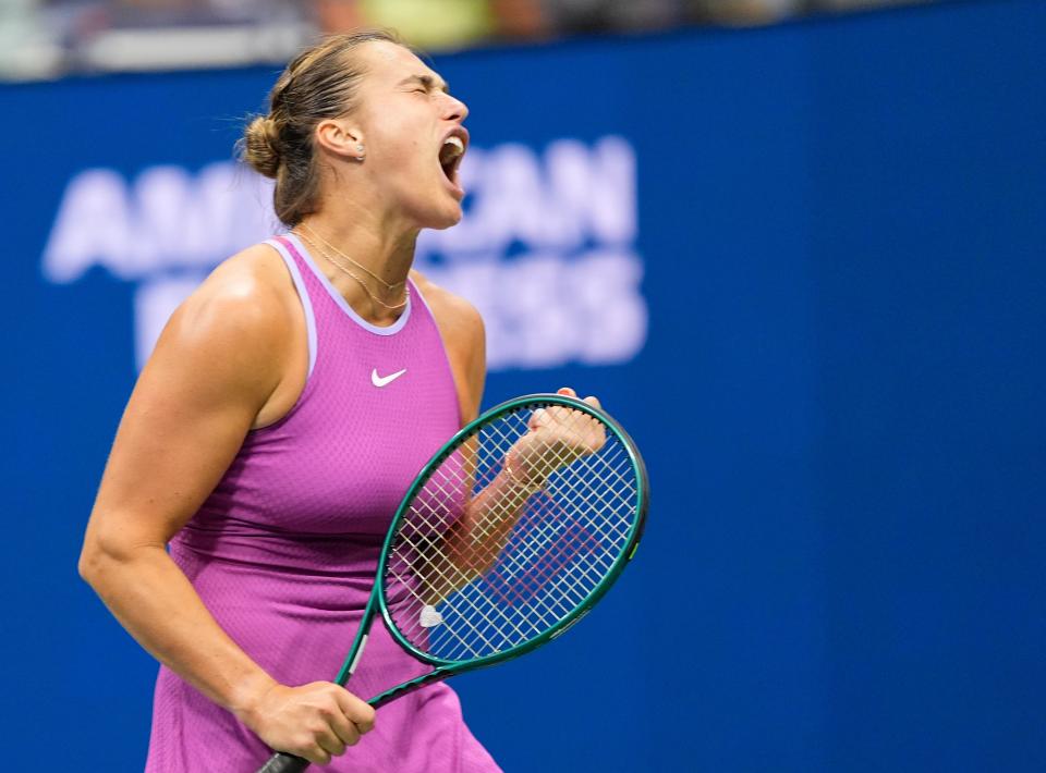 Sept 7, 2024; Flushing, NY, USA Aryna Sabalenka after a miss to Jessica Pegula (USA) in the women's singles final on day thirteen of the 2024 U.S. Open tennis tournament at USTA Billie Jean King National Tennis Center. Mandatory Credit: Robert Deutsch-Imagn Images