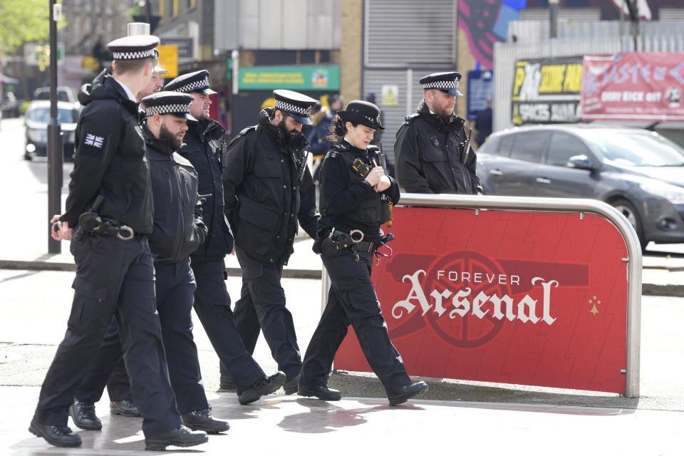 Police patrol outside Arsenal's Emirates Stadium ahead of the Champions League quarterfinal soccer match between Arsenal and Bayern Munich in London, April 9, 2024. / Credit: Frank Augstein/AP