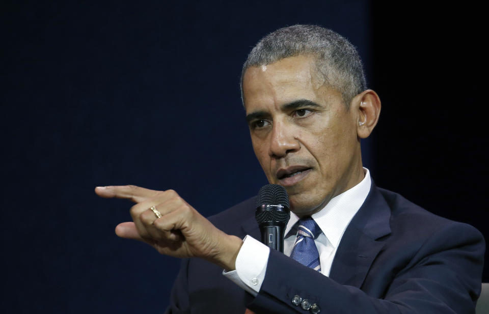 PARIS, FRANCE - DECEMBER 02:  Former US President Barack Obama delivers a speech during the 7th summit of "Les Napoleons" at Maison de la Radio on December 2, 2017 in Paris, France. Obama is the exceptional guest of "Les Napoleons" summit, a bi-annual symposium, created in 2015, dedicated to all the actors of innovation in communication and development around the world.  (Photo by Chesnot/Getty Images)