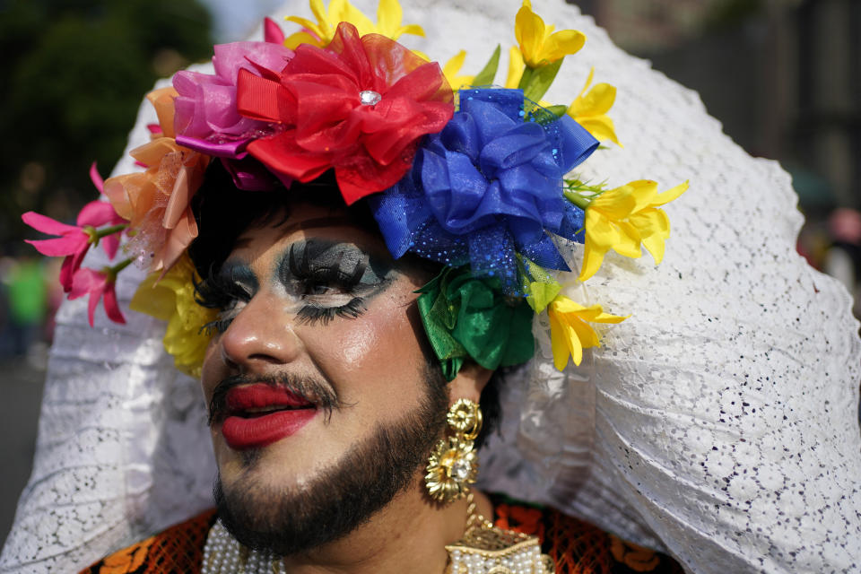 A participant poses for a photo during the annual Gay Pride parade marking the culmination of LGBTQ+ Pride month, in Mexico City, Saturday, June 29, 2024. (AP Photo/Aurea Del Rosario)