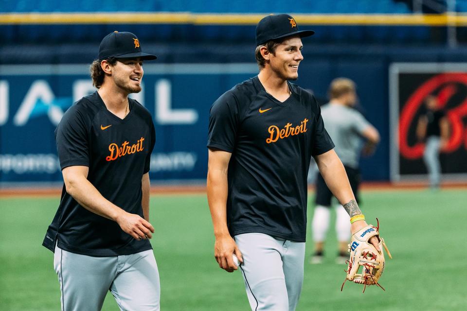 Zach McKinstry, Nick Maton at a workout at Tropicana Field in St Petersburg, Florida on March 29, 2023.