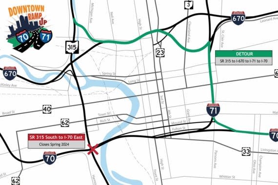 A map provided by the Ohio Department of Transportation shows the detour for the State Route 315 south to I-70 eastbound ramp closure now set to start May 17.