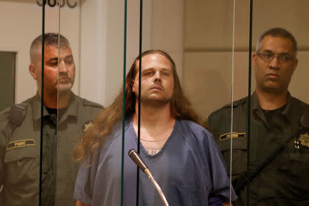 A convicted felon, Jeremy Christian, 35, accused of fatally stabbings two Good Samaritans who tried to stop Christian from harassing a pair of women who appeared to be Muslim, appears in Multnomah County Circuit Court in Portland, Oregon, U.S., May 30, 2017. REUTERS/Beth Nakamura/Pool