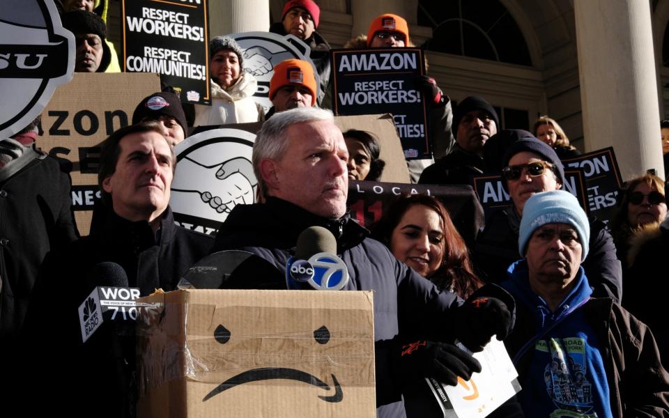 Anti-Amazon protesters outside New York City Hall on January 30, 2019 - Bloomberg