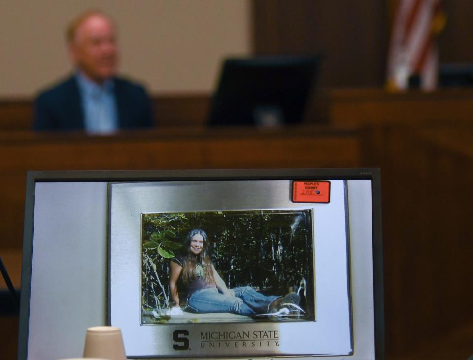"It was the last picture I took of her," Roy Lueth tells Assistant Prosecutor Bill Crino, Tuesday, June 13, 2023, as he talks about his daughter Krista Lueth, 34, a former MSU student in Judge Joyce Draganchuk's courtroom. Her ex-boyfriend Brad Cournaya is on trial for her murder.