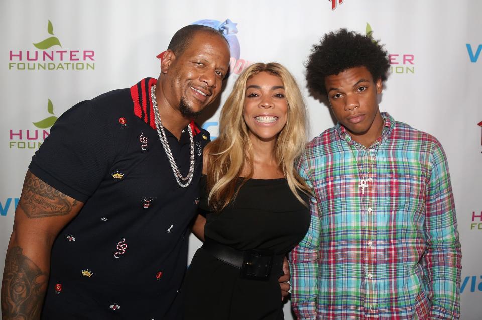 From left: Kevin Hunter Sr., Wendy Williams, and Kevin Hunter Jr. on July 11, 2017, in New York City.