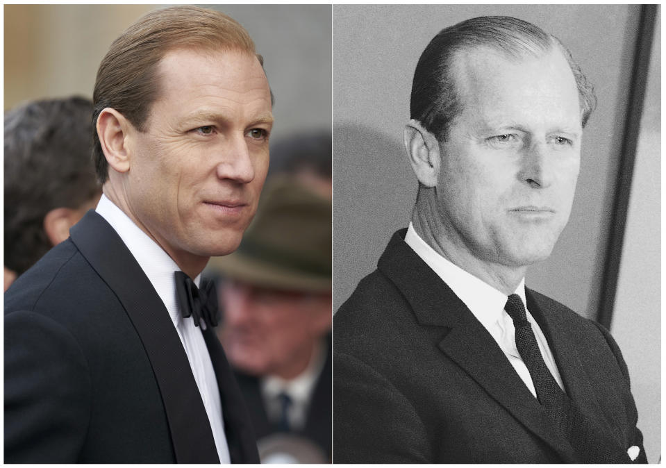 This combination of photos shows actor Tobias Menzies portraying Prince Philip, Duke of Edinburgh, in a scene from the third season of "The Crown," left, and Prince Philip at Idlewild Airport, now called John F. Kennedy International Airport, in New York in 1966. The popular series based on the British royal family debuts Sunday on Netflix. (Netflix, left, and AP Photo)