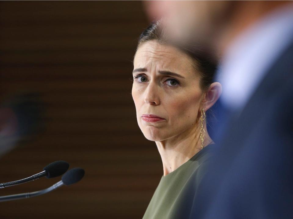 Prime Minister Jacinda Ardern looks on during a press conference at Parliament on April 07, 2020 in Wellington, New Zealand.