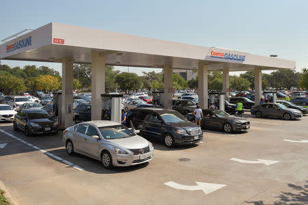 Motorist line-up for gasoline at a Costco gas station in the aftermath of Hurricane Harvey in Cedar Park, Texas, U.S., September 1, 2017. REUTERS/Mohammad Khursheed