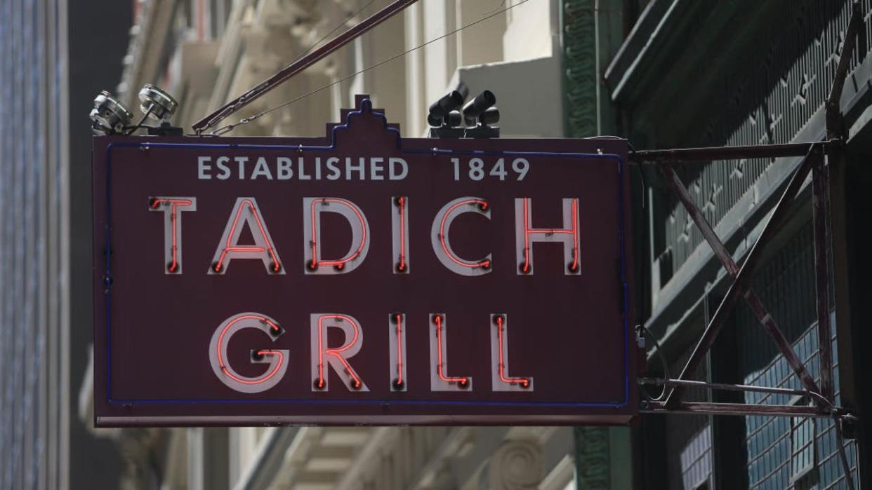 <div>Signage for the Tadich Grill is seen on Wednesday, July 29, 2020 in San Francisco, Calif. The Tadich Grill, San Franciscoís oldest restaurant, is temporarily closing this Friday about a month after launching their takeout operation. (Photo By Lea Suzuki/The San Francisco Chronicle via Getty Images)</div>