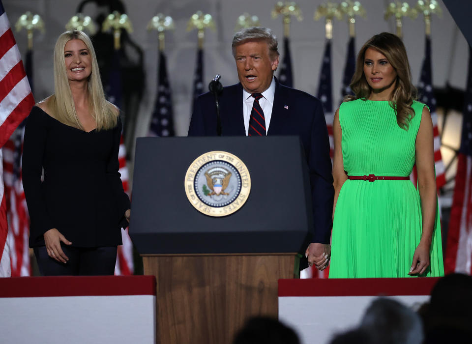 President Donald Trump and first lady Melania Trump is introduced by his daughter and White House senior adviser, Ivanka Trump, as he prepares to deliver his acceptance speech for the Republican presidential nomination on the South Lawn of the White House August 27, 2020 in Washington, DC. Trump gave the speech in front of 1500 invited guests. 