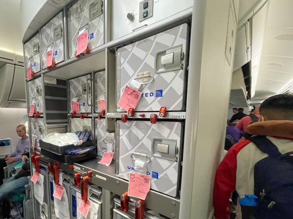 A galley on a United flight from Denver, Colorado, to Tokyo.