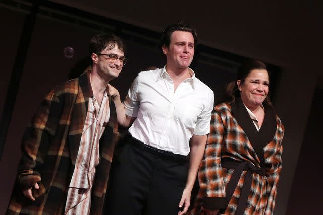 <p>Bruce Glikas/WireImage</p> Daniel Radcliffe, Jonathan Groff and Lindsay Mendez during the opening night curtain call for "Stephen Sondheim's Merrily We Roll Along" on Broadway at The Hudson Theater on October 8, 2023 in New York City.