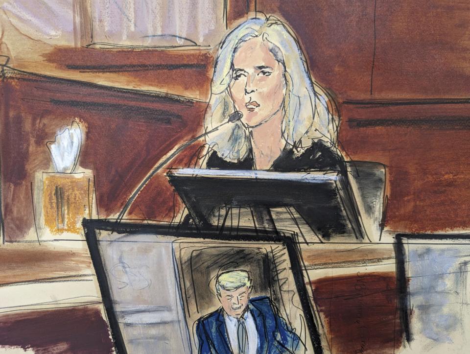 In this courtroom sketch, Natasha Stoynoff testifies as an Access Hollywood video with Donald Trump is displayed on a computer screen during writer E. Jean Carroll's lawsuit against former President Trump, Wednesday, May 3, 2023, in Manhattan federal court in New York. (Elizabeth Williams via AP)