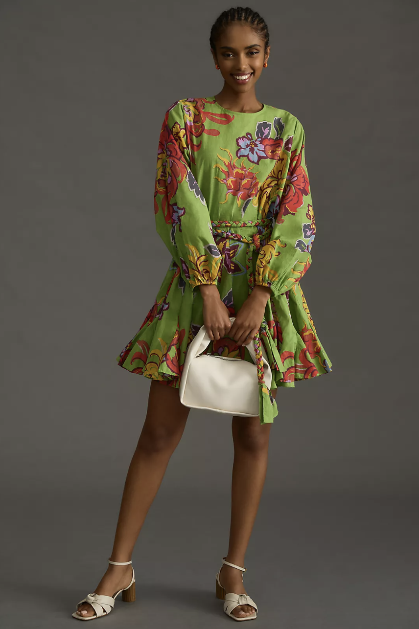 model wearing green long sleeve floral RHODE Ella Belted Dress (photo via Anthropologie)