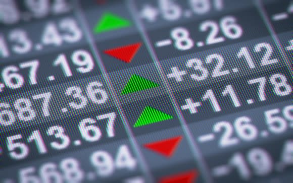 Stock market prices with red and green arrows indicating direction on an LED display