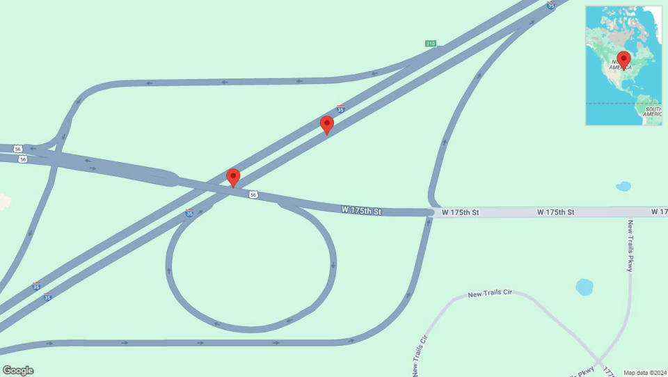 A detailed map that shows the affected road due to 'Broken down vehicle on eastbound I-35 in Gardner' on September 17th at 4:13 p.m.