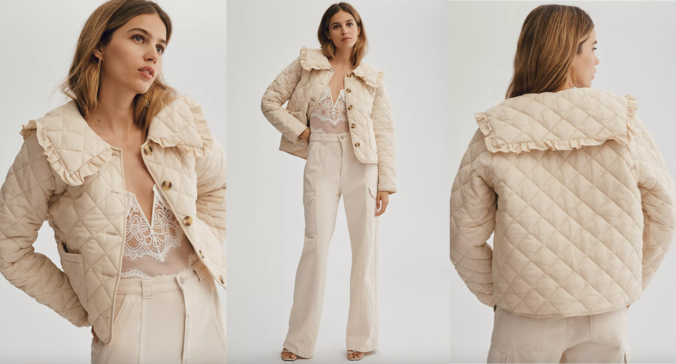 model wearing beige quilted Mable Exaggerated-Collar Quilted Cropped Jacket (photo via Anthropologie)