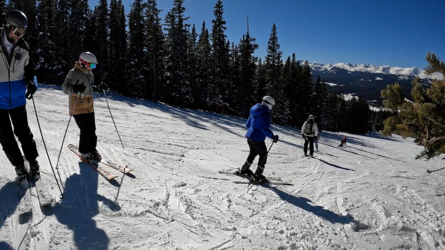 A group of skiers follow a park ranger down the trail, taking stops along the way.