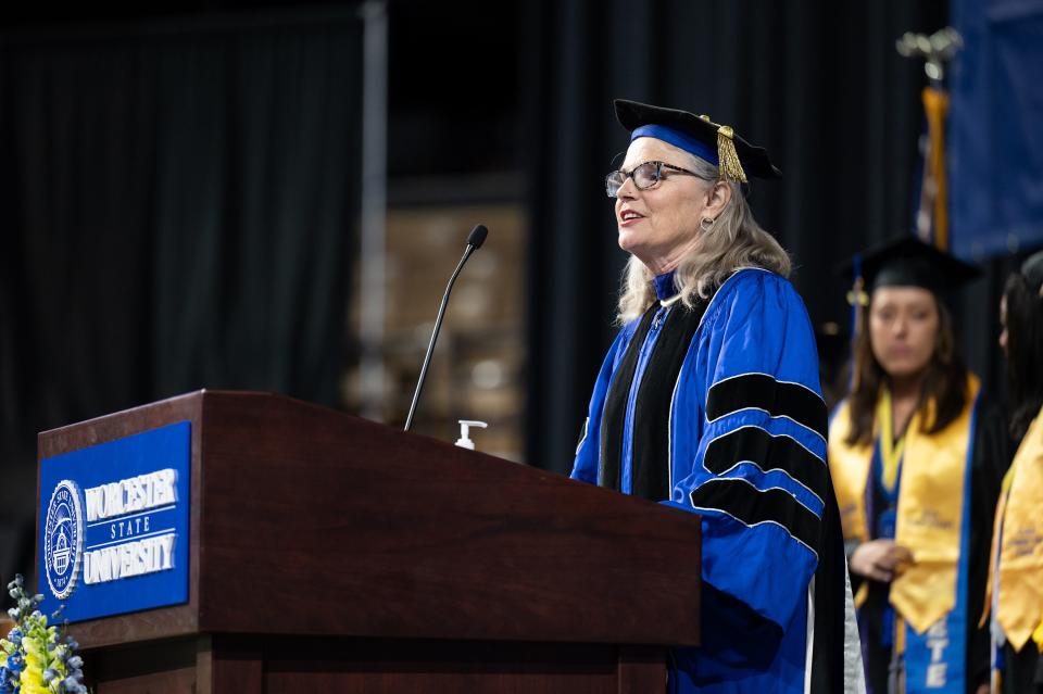 Master of Ceremonies Lois A. Wims, provost and vice president of academic affairs, speaks during Worcester State University's 2023 Spring Commencement at the DCU Center Saturday.