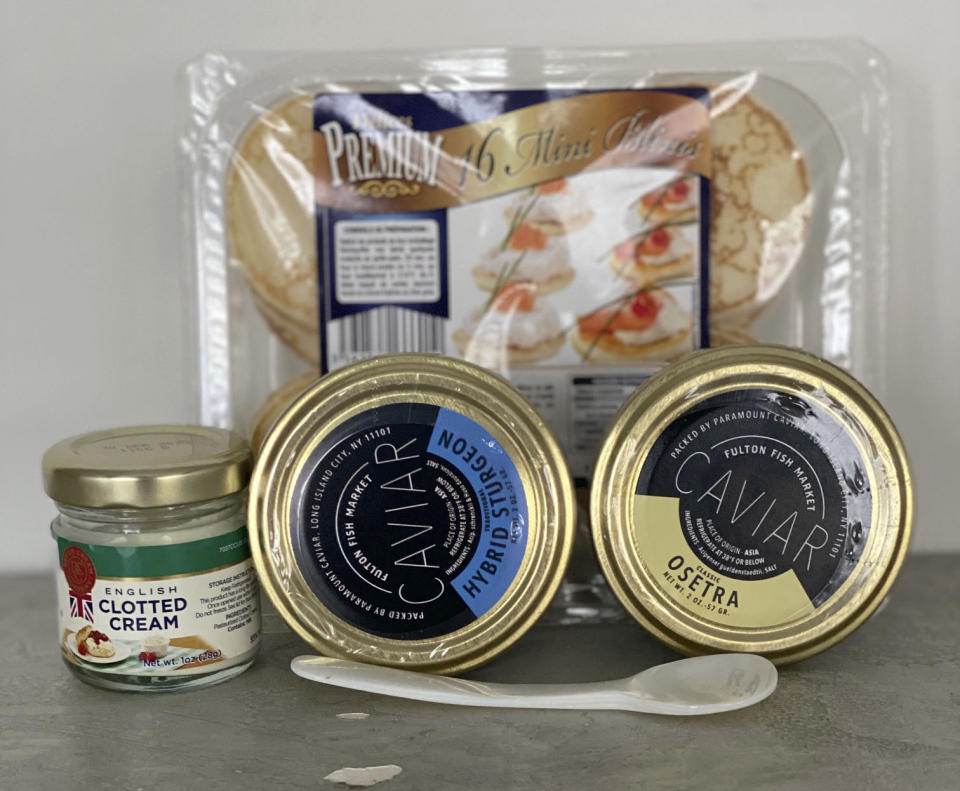 Caviar from Fulton Fish Market is displayed with other items in New York. (Katie Workman via AP)