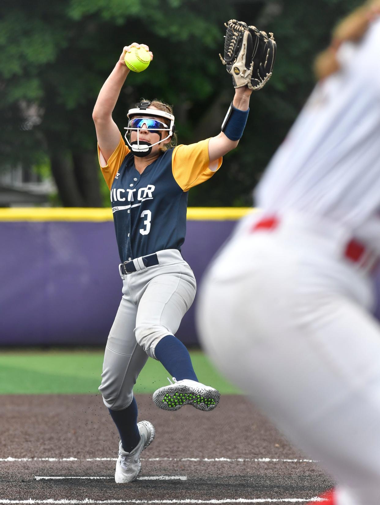 Victor's Olivia Steinorth pitches against Fairport during the Section V Class AA Championship at Greece Odyssey High School, Saturday, May 28, 2022. No. 1 seed Fairport won the AA title with a 2-1 win over No. 2 seed Victor.