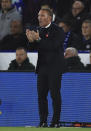 Leicester's manager Brendan Rodgers applauds during an English Premier League soccer match between Leicester City and Nottingham Forest at the King Power Stadium in Leicester, England, Monday, Oct. 3, 2022. (AP Photo/Leila Coker)
