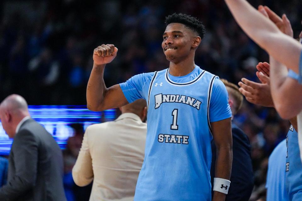 Julian Larry celebrates during Indiana State's home win over Bradley on Saturday night at a sold-out Hulman Center.