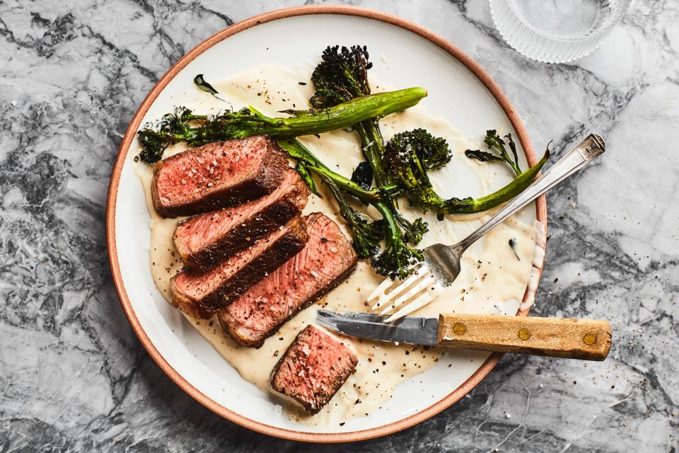 Charred Steak and Broccolini with Cheese Sauce