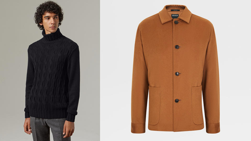 A Loro Piana sweater at left and a Zegna chore jacket, both made from vicuña.