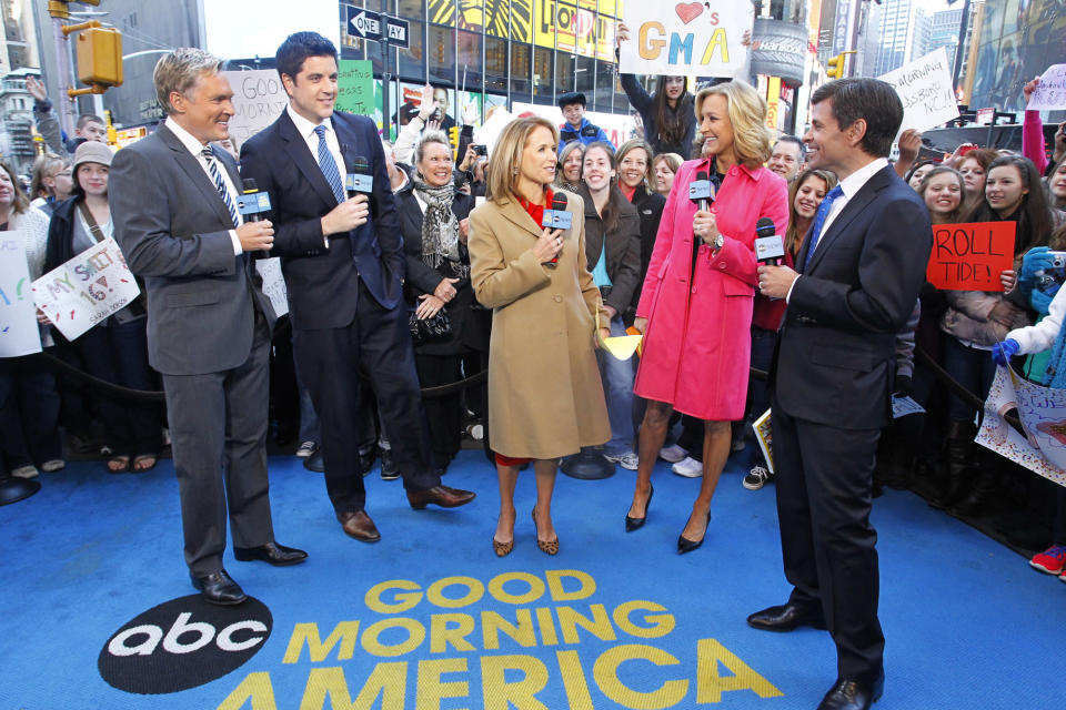 Couric filled in for Robin Roberts. Couric is pictured with Sam Champion, Josh Elliott, Lara Spencer and George Stephanopoulos.