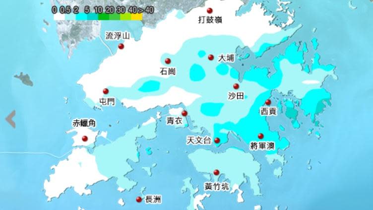 港島、九龍及西貢部分地區錄得超過10毫米雨量。(香港天文台)