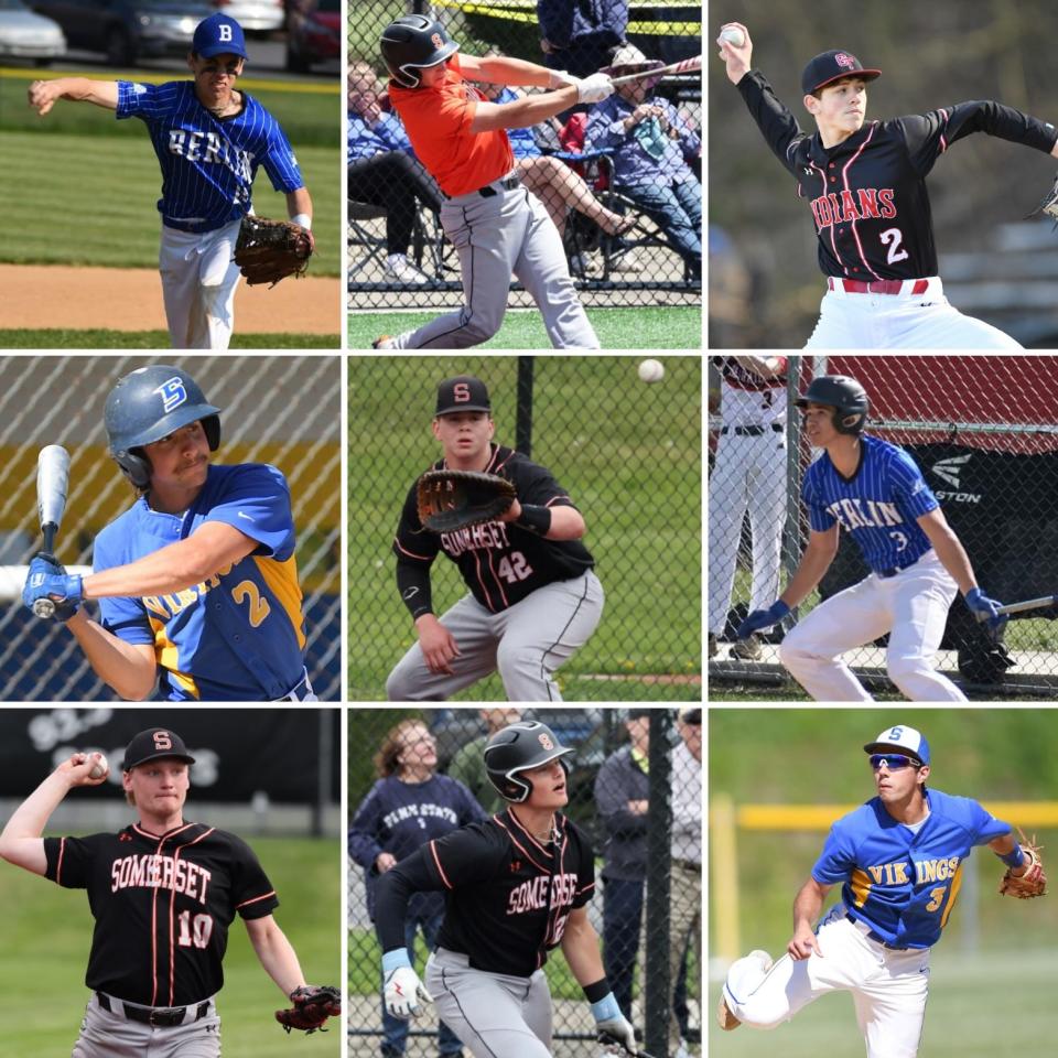 Pictured are members of the 2023 Daily American Somerset County All-Star Baseball Team, bottom row, from left, Somerset's Owen Miller and Callen Miller, and Shanksville-Stonycreek's Christian Musser, middle row, Shanksville-Stonycreek's Ian Fox, Somerset's Zane Hagans and Berlin Brothersvalley's Craig Jarvis, top row, Berlin Brothersvalley's Parker Black, Somerset's Brad Bruner and Conemaugh Township's Colin Dinyar.