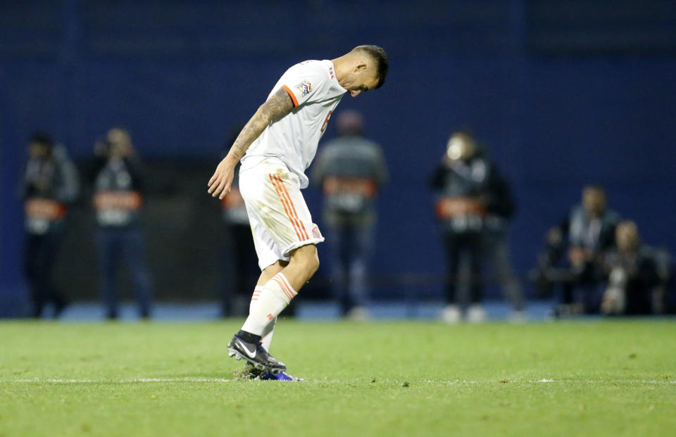 Spain's Dani Ceballos is dejected at the end of the UEFA Nations League soccer match between Croatia and Spain at the Maksimir stadium in Zagreb, Croatia, Thursday, Nov. 15, 2018. (AP Photo/Darko Bandic)