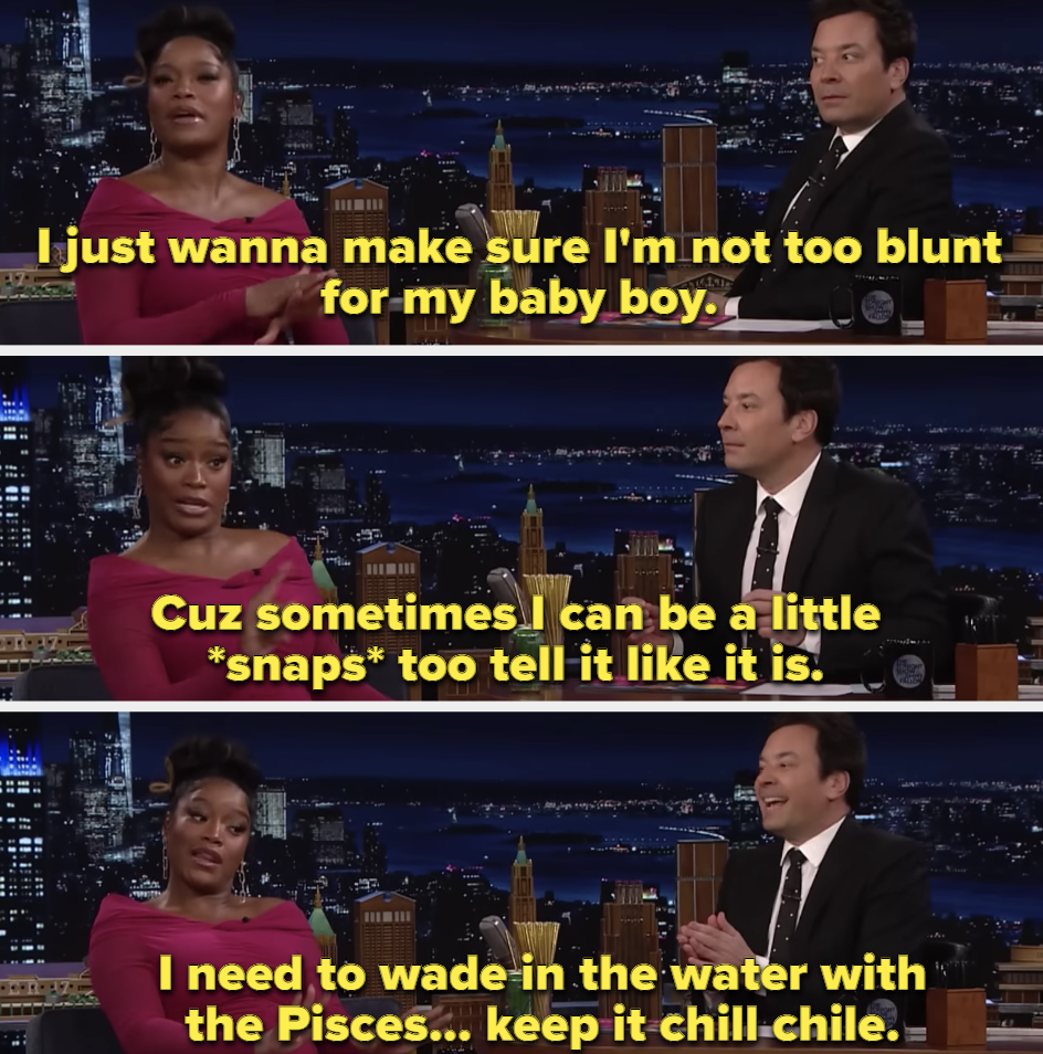 Keke Palmer joking about astrology with Jimmy Fallon and how she doesn't wanna be too blunt for her son