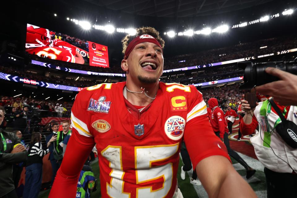 LAS VEGAS, NEVADA - FEBRUARY 11: Patrick Mahomes #15 of the Kansas City Chiefs celebrates after defeating the San Francisco 49ers 25-22 d during Super Bowl LVIII at Allegiant Stadium on February 11, 2024 in Las Vegas, Nevada.