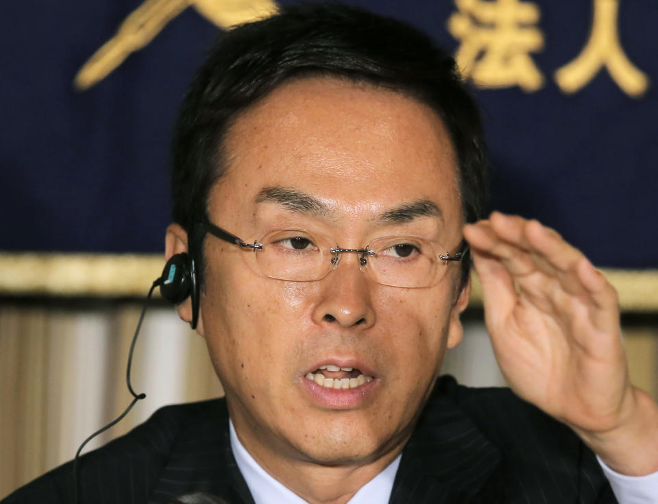 Japan's leading opposition Liberal Democratic Party presidential candidate Nobuteru Ishihara speaks during a news conference at the Foreign Correspondents' Club of Japan in Tokyo, Wednesday, Sept. 19, 2012. The conservative Liberal Democratic Party chooses a leader Sept. 26. The winner may become prime minister if the LDP wins elections that the prime minister has said he will call soon. (AP Photo/Itsuo Inouye)