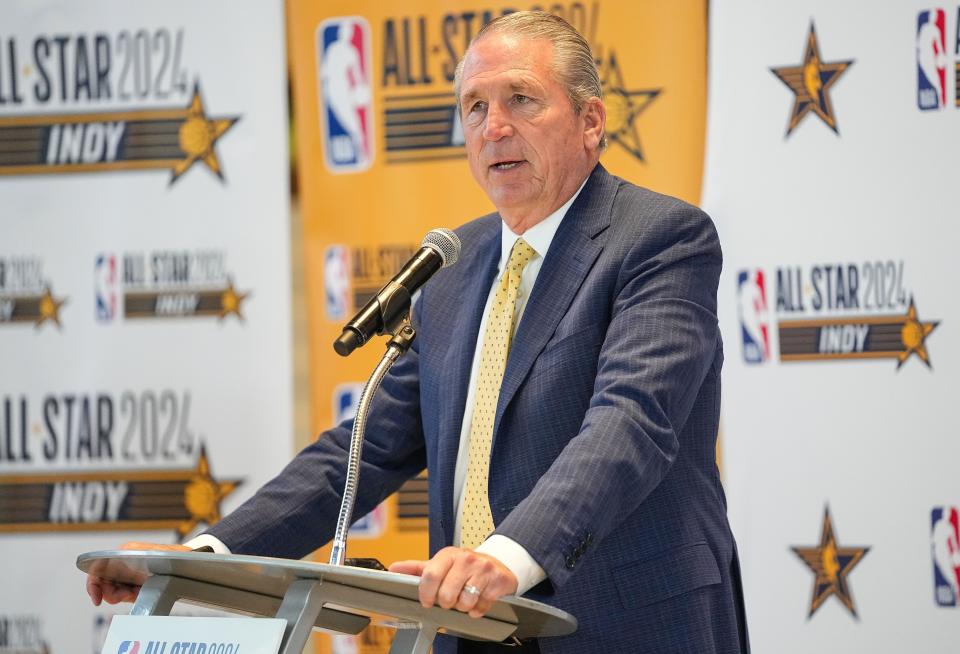 Rick Fuson, Chief Executive Officer of Pacers sports & entertainment, speaks Wednesday, Oct. 25, 2023, during a press conference for a NBA All-Star 2024 announcement at Gainbridge Fieldhouse in Indianapolis.