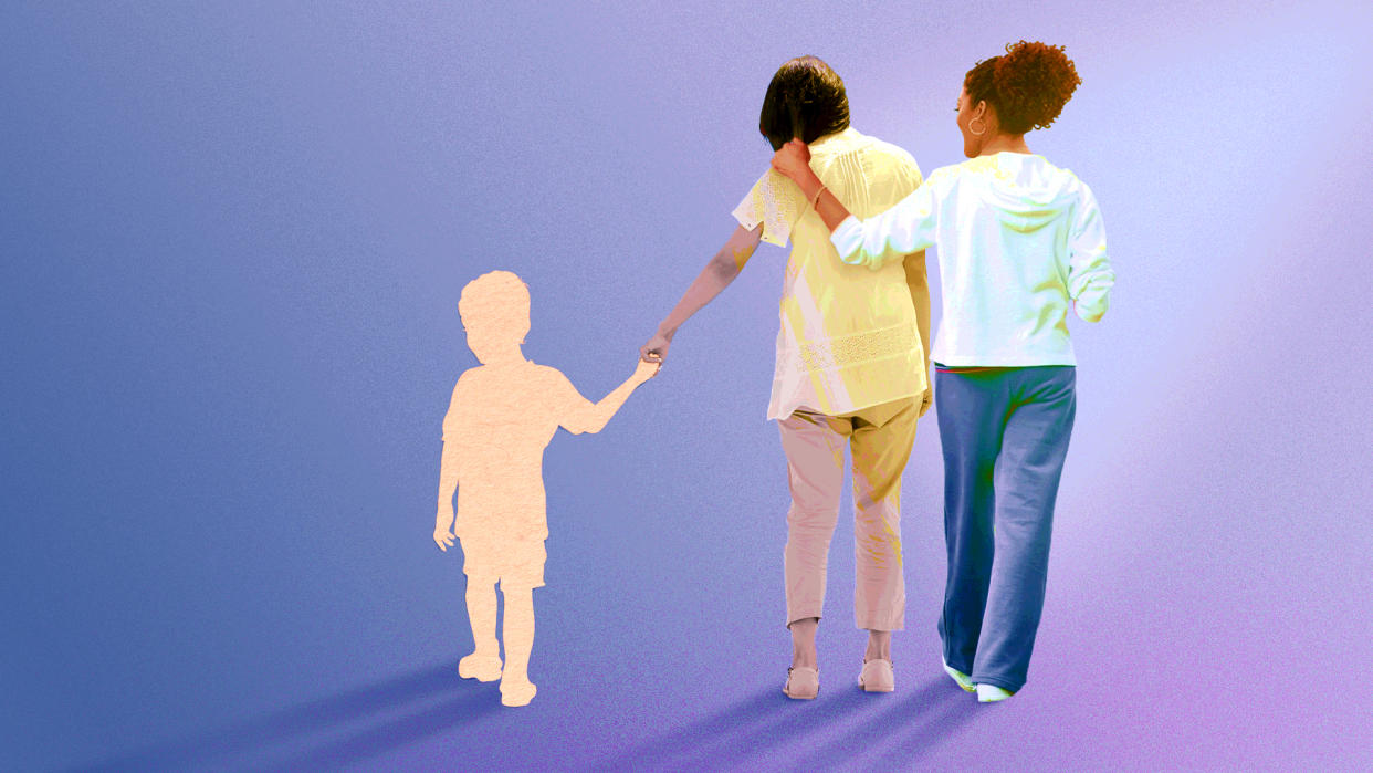 Mother's Day after losing a child can be excruciating, but having the support of a good friend can help. (Image: Getty; illustration by Victoria Ellis for Yahoo)