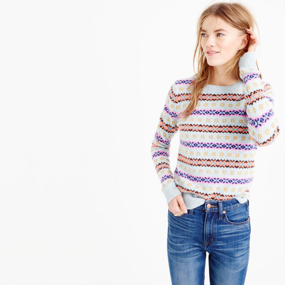 The bright colours give a modern twist on the classic Fair Isle sweater. (J. Crew, $118)