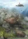 This illustration provided by Qiuyang Zheng in September 2022 depicts fauna from Chongqing Lagerstätte, where fossil fish, more than 400 million years old, which were found by researchers in southern China, announced in a series of studies published in the journal Nature on Wednesday, Sept. 28, 2022. The fossils date back to the Silurian period when scientists believe our backboned ancestors, who were still swimming around on a watery planet, may have started evolving teeth and jaws around this time. (Qiuyang Zheng via AP)