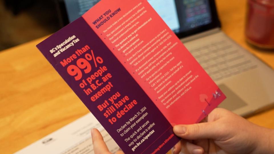 The Becerras received this pamphlet, which outlines how 99 per cent of British Columbians who must declare for the Vacancy Tax are exempt. They later found out online that they do not qualify for an exemption,
