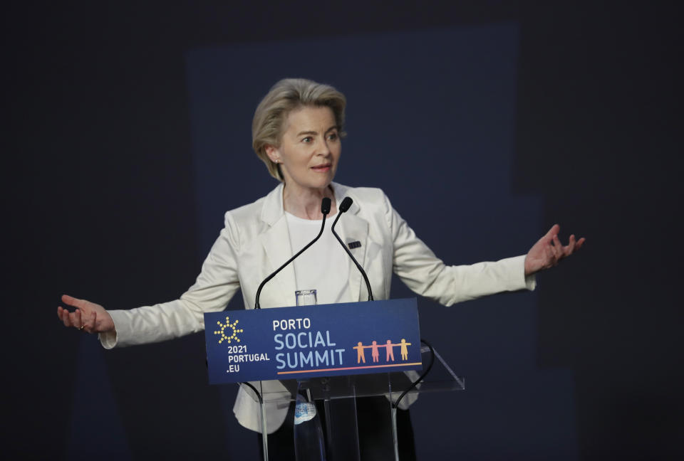 European Commission President Ursula von der Leyen speaks during the closing ceremony of the EU summit at the Alfandega do Porto Congress Center in Porto, Portugal, Friday, May 7, 2021. European Union leaders met for a summit in Portugal on Friday, sending a signal they see the threat from COVID-19 on their continent as waning amid a quickening vaccine rollout. (AP Photo/Francisco Seco, Pool)