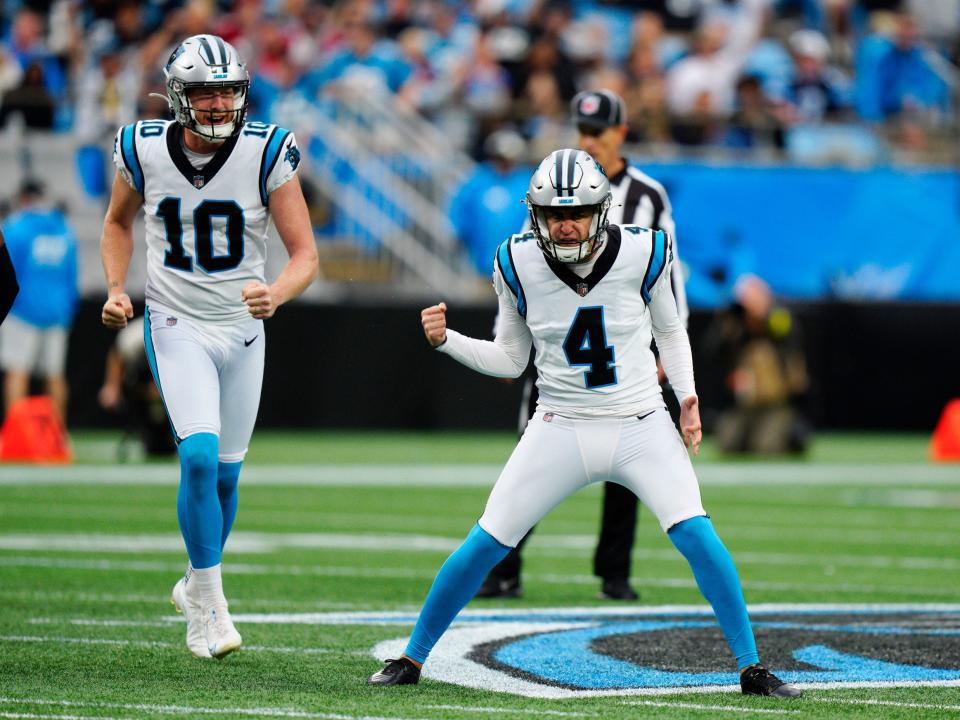 Eddy Pineiro celebrates a made field goal against the Arizona Cardinals.