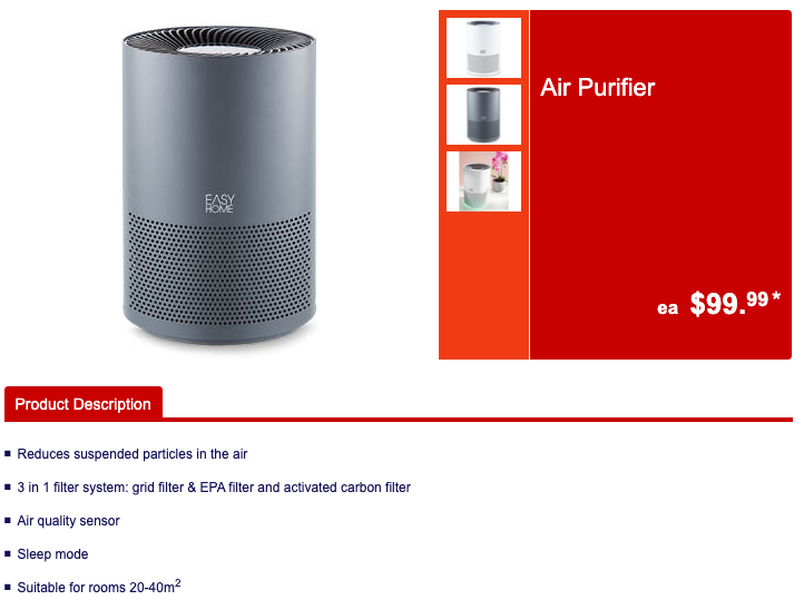 Aldi's $99.99 air purifier shown in its catalogue.