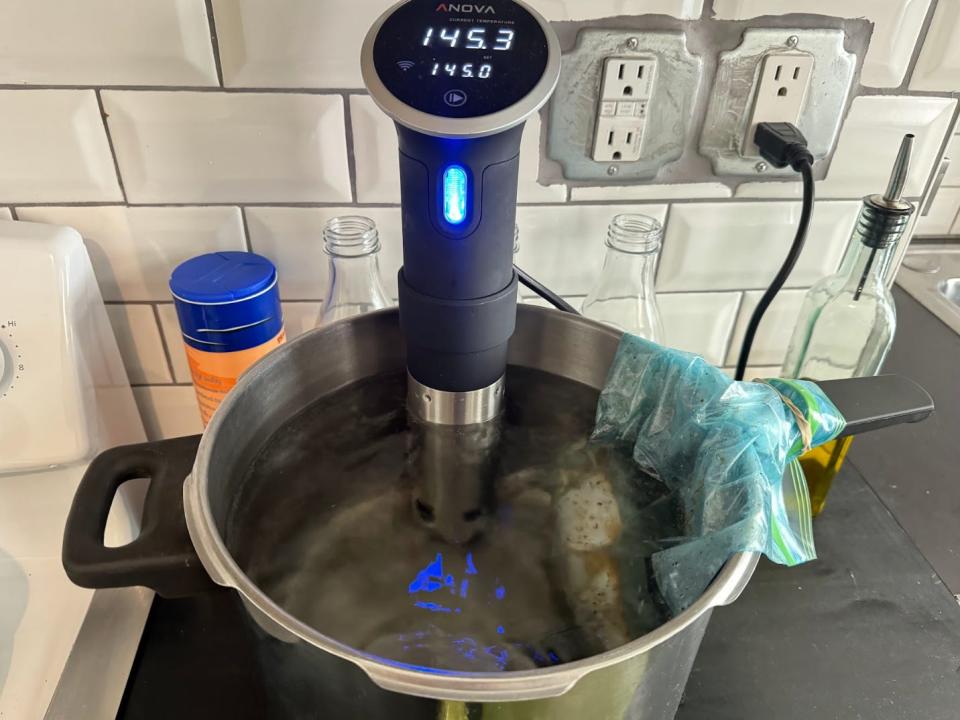 bag of marinated chicken in a pot of water with a sous vide cooker