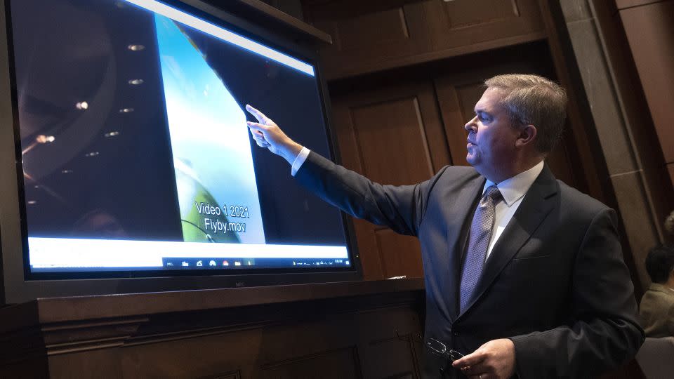 US Deputy Director of Naval Intelligence Scott Bray explains a video of an unidentified aerial phenomena, as he testifies before a House Intelligence Committee subcommittee hearing at the US Capitol on May 17, 2022. - Kevin Dietsch/Getty Images