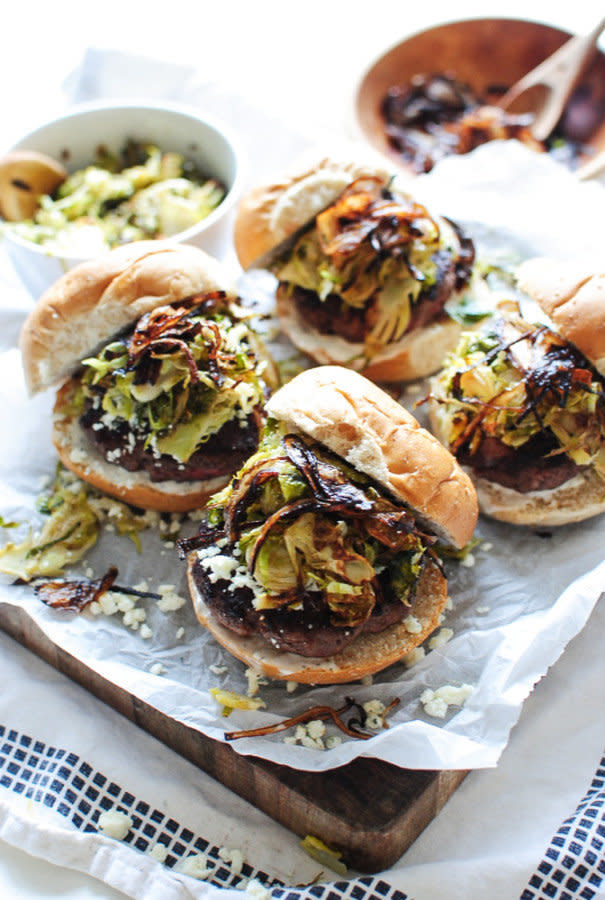 <strong>Get the <a href="http://bevcooks.com/2015/11/grass-fed-burgers-with-roasted-brussels-sprouts-and-crispy-shallots/" target="_blank">Grass-Fed Burgers with Roasted Brussels Sprouts and Crispy Shallots recipe</a>&nbsp;from Bev Cooks</strong>